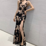 Nine Britton Dress Sex V-neck Backless Hollow out Strap High Waist Side Slit