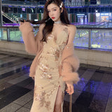 Nine Britton Dress Sex V-neck Backless Hollow out Strap High Waist Side Slit