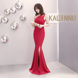 Burgundy Dress Formal Banquet Evening Dress Autumn and Winter One-Shoulder Dress