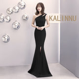Burgundy Dress Formal Banquet Evening Dress Autumn and Winter One-Shoulder Dress