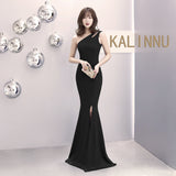 Burgundy Dress Formal Banquet Evening Dress Autumn and Winter One-Shoulder Dress