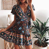 Coachella Music Festival Outfits Spring and Summer Dress Short Sleeve V-neck Printed Short Skirt