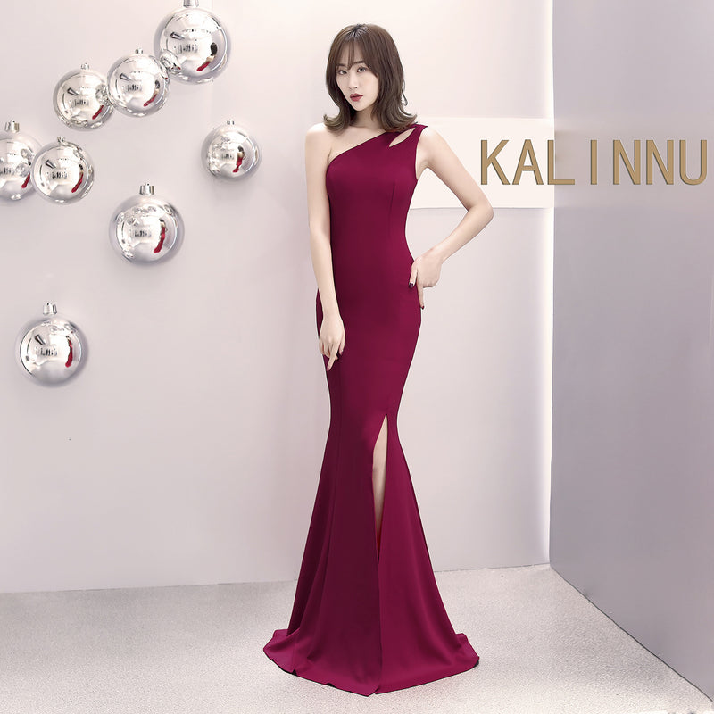 Burgundy Dress Formal Banquet Evening Dress Autumn and Winter One-Shoulder Dress