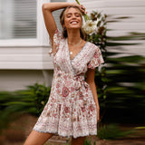Coachella Music Festival Outfits Spring and Summer Dress Short Sleeve V-neck Printed Short Skirt