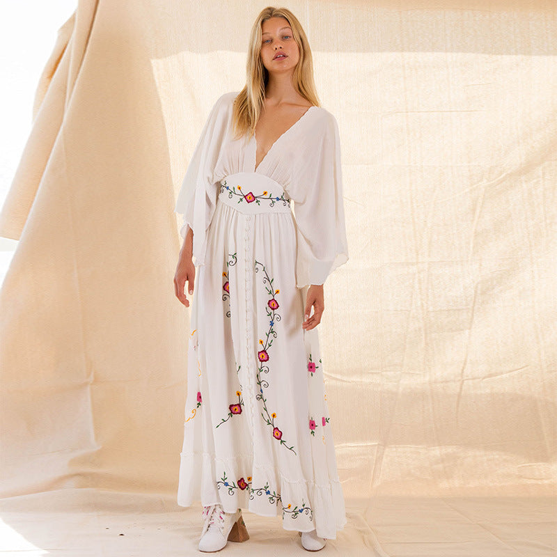 Beth Dutton Bohemian Dress Winter Autumn Maxi Dresses Flower V-neck Embroidery Dress Maxi Dress