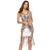 Kendall Jenner Wedding Guest Dress Sexy Short Sleeve Strappy Backless Tassel Sequins