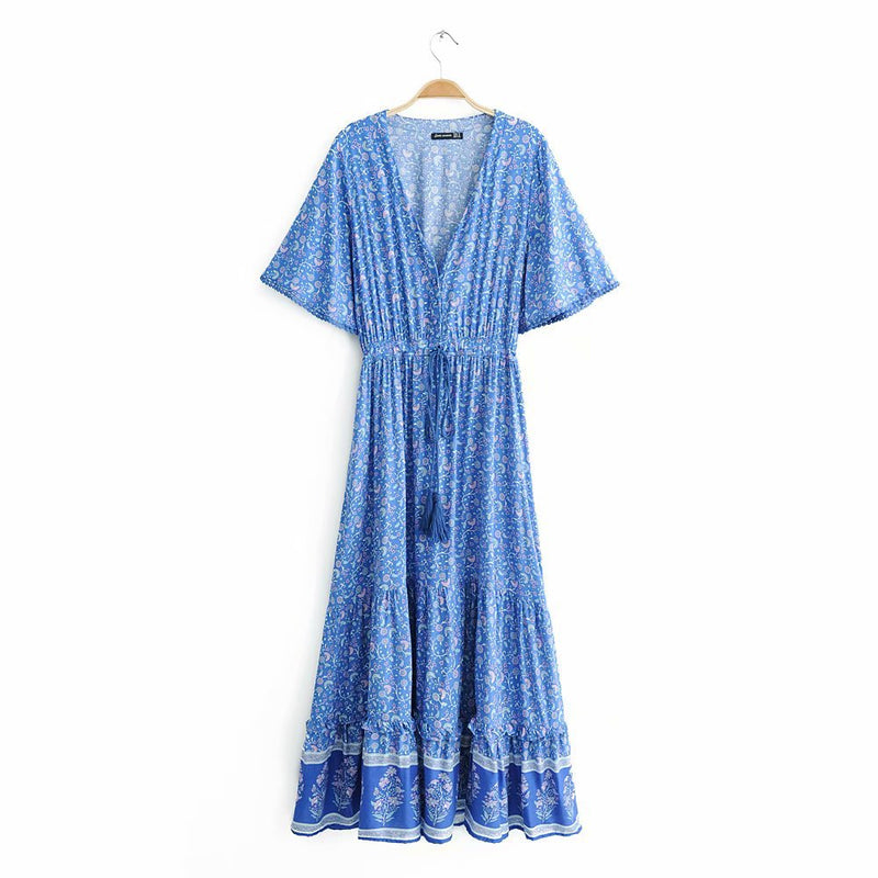 Gypsy Style Dresses Printed Front Row Buttons V-neck Drawstring Straps