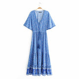 Gypsy Style Dresses Printed Front Row Buttons V-neck Drawstring Straps