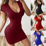 Burgundy Dress Formal Sheath Solid Color Short Sleeve Dress for Women