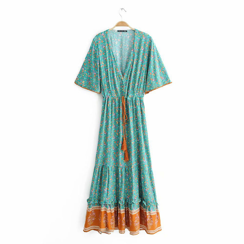 Gypsy Style Dresses Printed Front Row Buttons V-neck Drawstring Straps