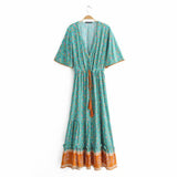 Gypsy Style Dresses Printed Front Row Buttons V-neck Drawstring Straps