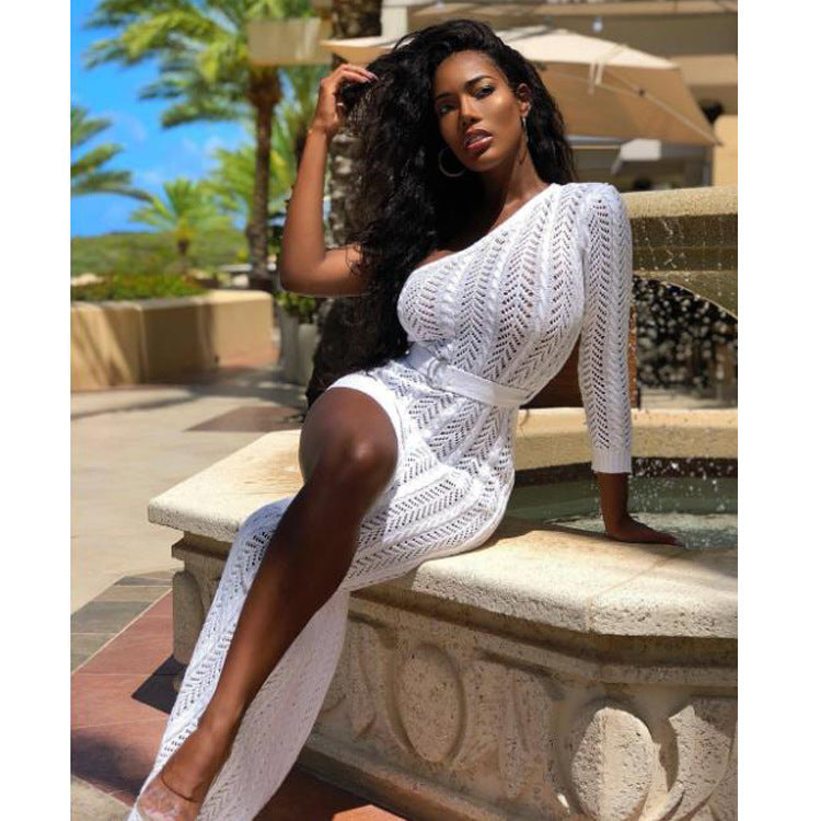 Coachella Music Festival Outfits Sexy Exposed Hollow out Long Sleeve Dress Knitted Beach Dress