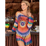 Coachella Music Festival Outfits Knitted Hollow Loose Long Sleeve Swimsuit Blouse