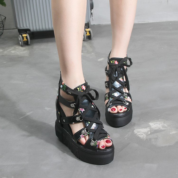 Women Open Toe Sandals Flats Summer Platform Peep Toe High Heel Floral Tie-Neck Plus Size Sandals