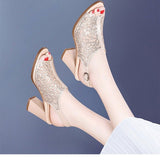 Women Open Toe Sandals Flats Spring/Summer Stylish Peep Toe Chunky Heel Hollow-out Sandals
