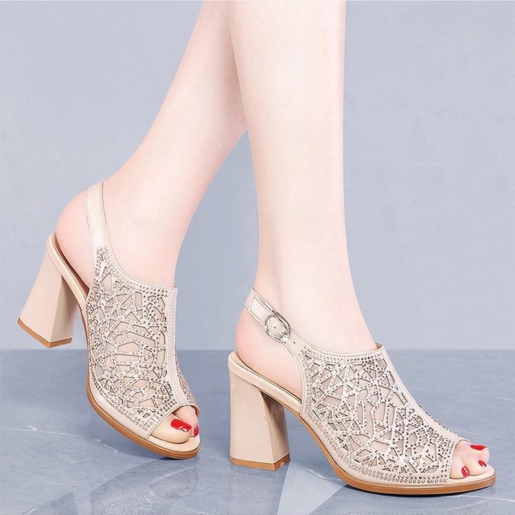 Women Open Toe Sandals Flats Spring/Summer Stylish Peep Toe Chunky Heel Hollow-out Sandals