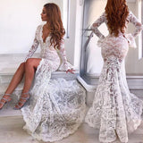 See through Wedding Dress Sexy Deep V Lace Split Fishtail Dress Long Skirt