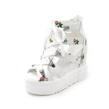 Women Open Toe Sandals Flats Summer Platform Peep Toe High Heel Floral Tie-Neck Plus Size Sandals