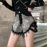 Women Jean Shorts Side with Spikes Denim Shorts Loose Hole High Waist Jeans