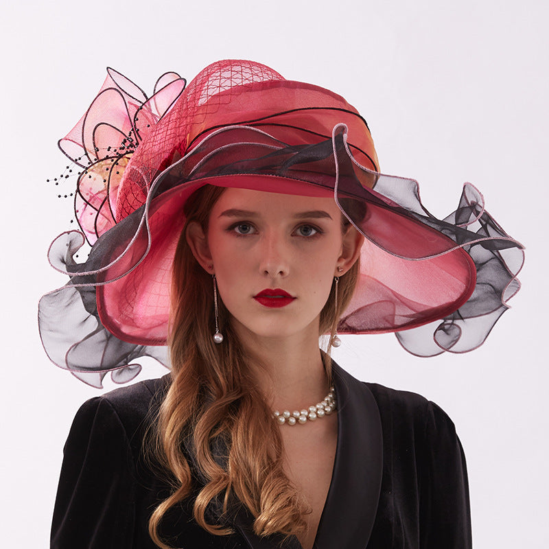Big Hats Women's Spring and Summer Embroidery Flat Top off-the-Face-Hat Tulle Breathable Hat
