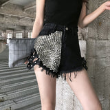 Women Jean Shorts Side with Spikes Denim Shorts Loose Hole High Waist Jeans