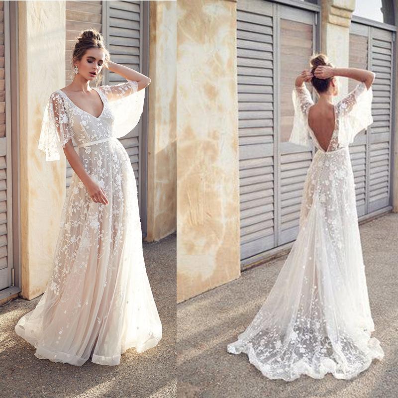 Women Lace Wedding Dress Spring and Summer Dress Sexy Lace V-neck Backless Dress