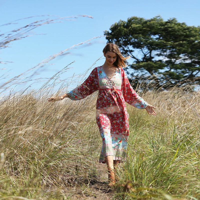 Romany Gypsy Outfits Bohemian Beach Vacation Style Large Swing Pleated Printed Dress