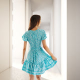 Coachella Music Festival Outfits Bohemian Beach Short Sleeve Deep V Large Hem Pleated Printed Dress