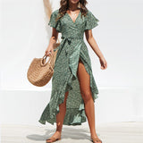 Emerald Green Dress Sexy V-neck Lacing Chiffon Printing