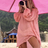 Coachella Music Festival Outfits Beach Dress Loose Solid Color Long Sleeve