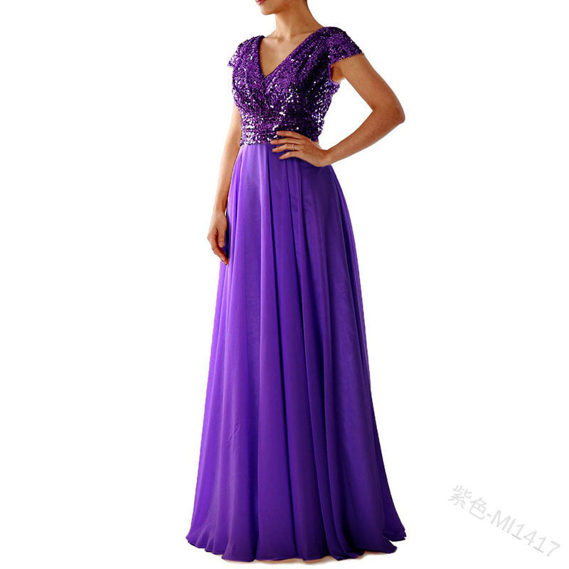 Mauve Dress Bridesmaid Autumn and Winter Dress V-neck Chiffon Stitching Evening Dress Women's Dress