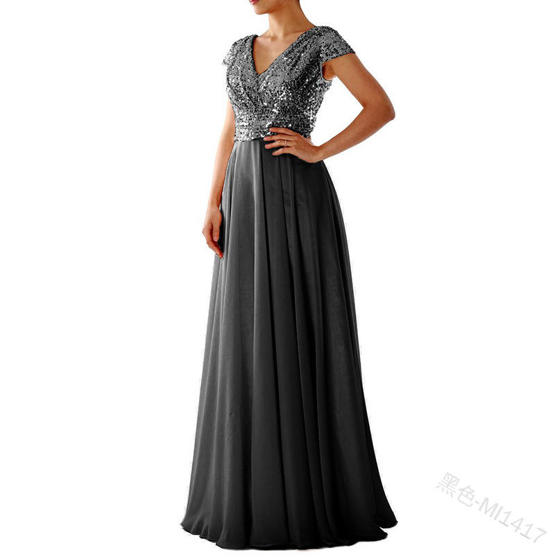 Mauve Dress Bridesmaid Autumn and Winter Dress V-neck Chiffon Stitching Evening Dress Women's Dress