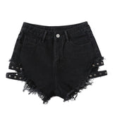 Women Jean Shorts Side with Spikes Denim Shorts Loose Hole High Waist Jeans