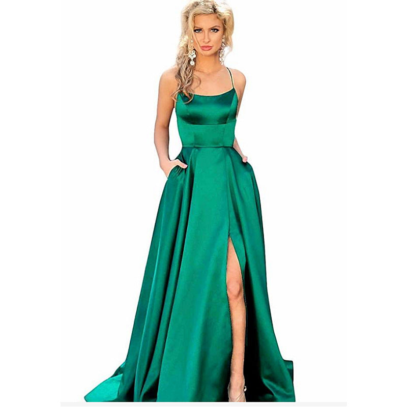 Kendall Jenner Wedding Guest Dress Evening Dress Sexy Back Hollow out See-through Satin Trailing Front Slit