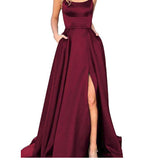 Kendall Jenner Wedding Guest Dress Evening Dress Sexy Back Hollow out See-through Satin Trailing Front Slit