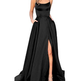 Kendall Jenner Wedding Guest Dress Evening Dress Sexy Back Hollow out See-through Satin Trailing Front Slit