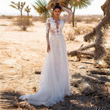 Women Lace Wedding Dress Summer Dress V-neck Long Sleeve See-through White Dress