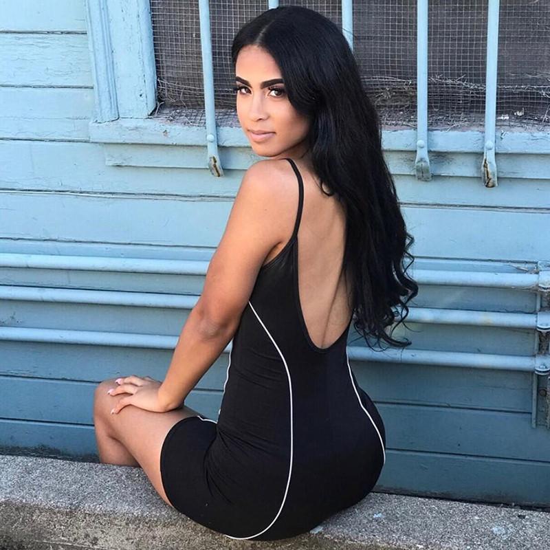 Summer Sexy Backless Tight Stitching Reflective Stripe Suspender Jumpsuit