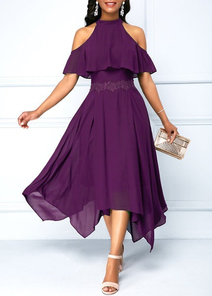 MIDI Mauve Wrap Dress Halter Off-the-Shoulder Dress