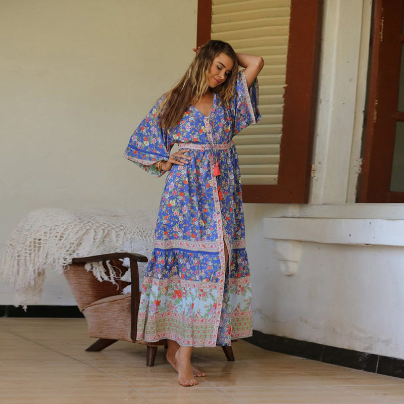 Romany Gypsy Outfits Bohemian Beach Vacation Style Large Swing Pleated Printed Dress