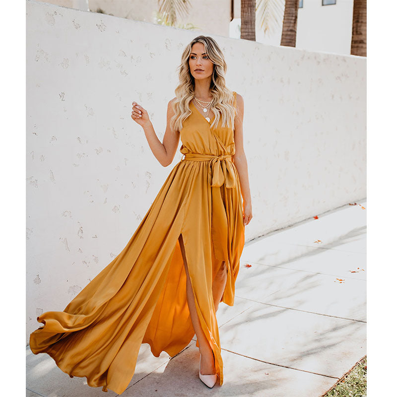 Emerald Green Dress V-neck Sleeveless High Slit Swing