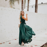 Emerald Green Dress V-neck Sleeveless High Slit Swing