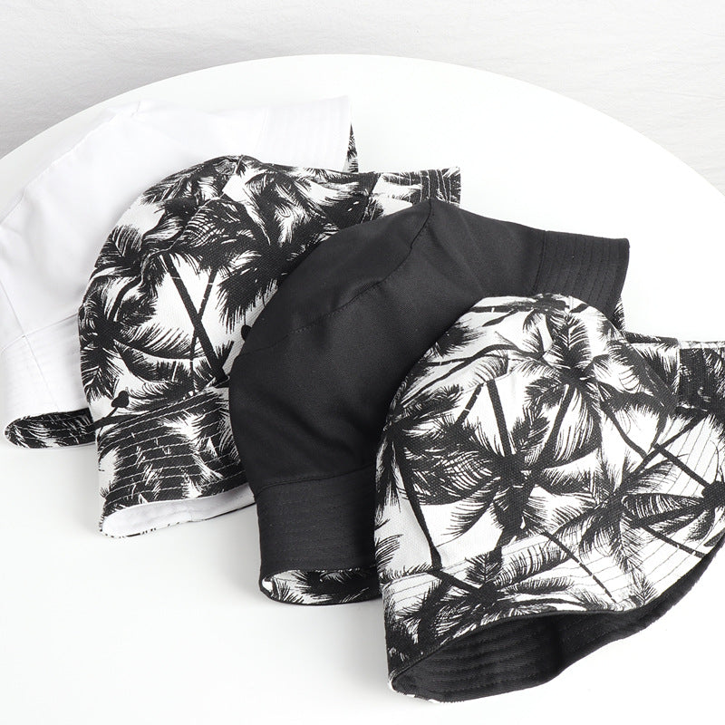 Bucket Hat Fishing Cap Cotton Print Fisherman Hat Black and White Simple Coconut Tree Casual Sun-Proof Sunshade