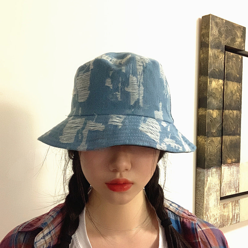 Denim Bucket Hat Fishing Cap Cotton Print Fisherman Hat Personality Sunlight Blocker for Summer Men