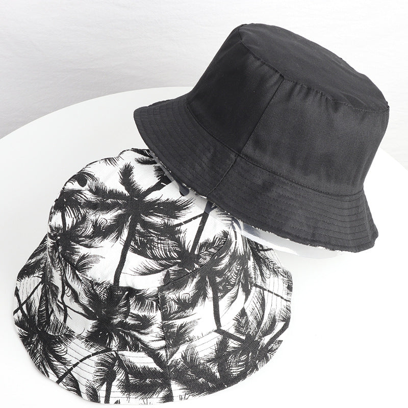Bucket Hat Fishing Cap Cotton Print Fisherman Hat Black and White Simple Coconut Tree Casual Sun-Proof Sunshade