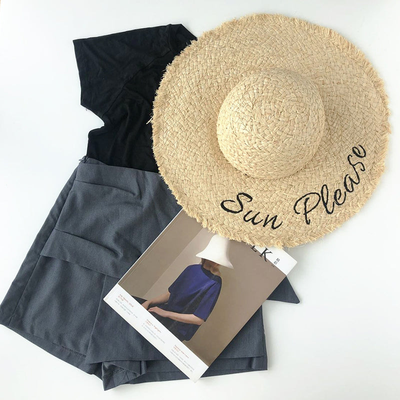 Straw Hat Sunscreen Embroidery Big Brim Beach Hat