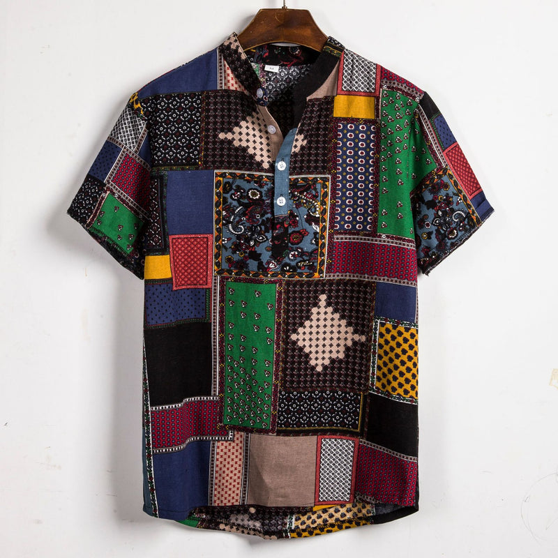Camp Collar Shirt Short Sleeve Floral Stitching