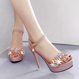 High Heels Slides High Heel Waterproof Platform Flower Color Block Patent Leather Sandals