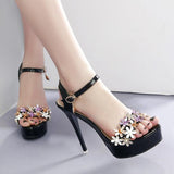 High Heels Slides High Heel Waterproof Platform Flower Color Block Patent Leather Sandals