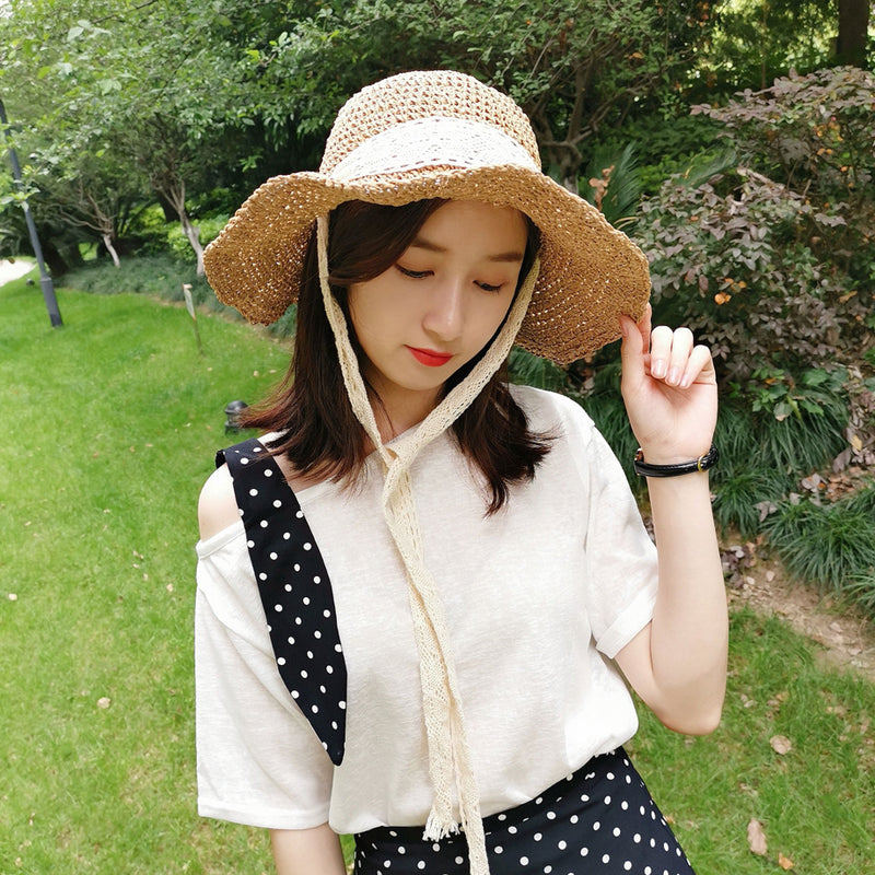 Straw Hat Summer Women's Outdoor Sunshade Hand Crocheting Lace Strap